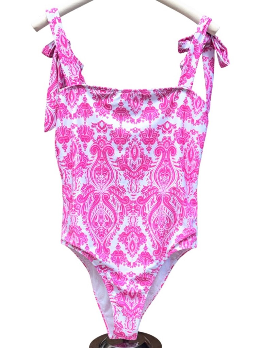 White Pink Paisley One Piece Swimsuit Tie Shoulder Adjustable Can Add Pads Comfy